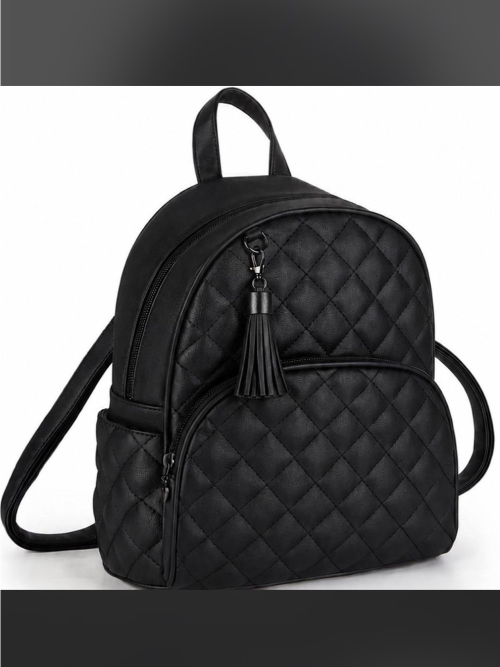 Quilted Black Women's Backpack with Tassel Accent